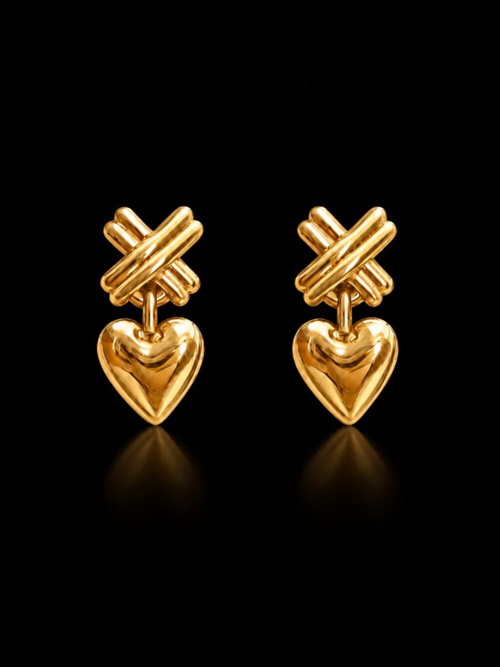 True VTG 1988c 14K Gold Heart Drop Petite X Ribbon Dangle Studs 15mm Earrings